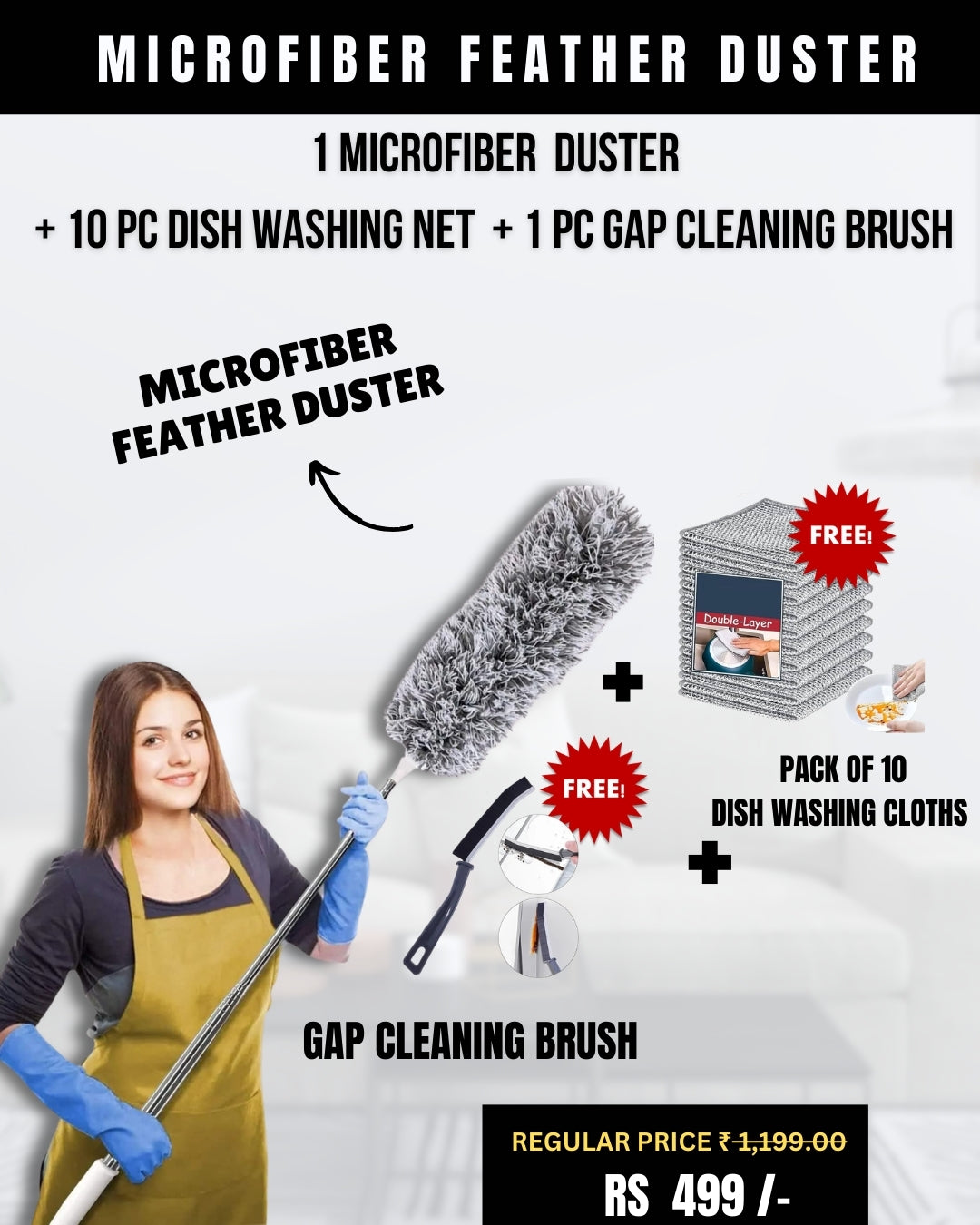 EXTENDABLE CLEANING DUSTER WITH 2 FREE GIFTS (Duster + 10 Dish washing net + Brush)