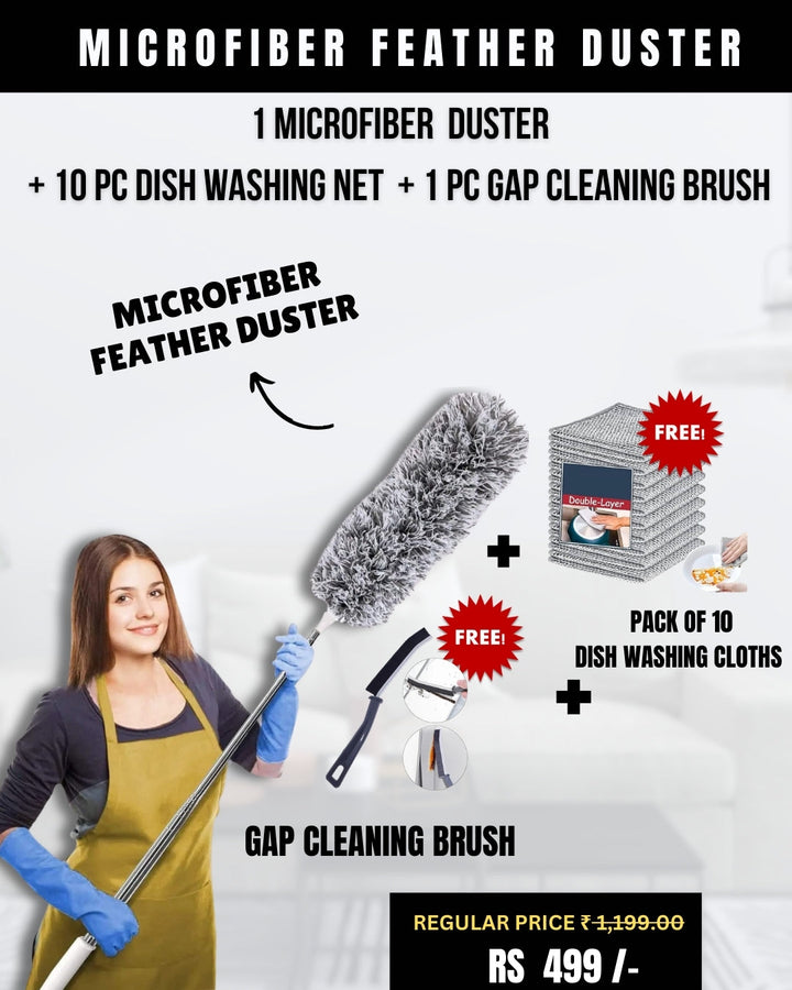 EXTENDABLE CLEANING DUSTER WITH 2 FREE GIFTS (Duster + 10 Dish washing net + Brush)