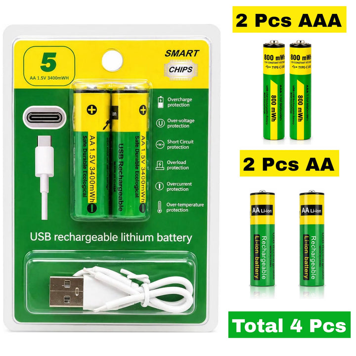 Type C Rechargeable Batteries 800 mWh 2 Pcs AAA & 2 Pcs AA Total ( 4 Pcs Set )
