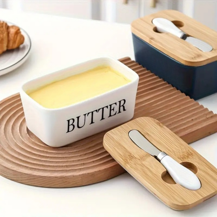 Premium Ceramic Butter Dish Container with Airtight Wooden Lid & Knife | Keep Butter Fresh & Soft Longer (Fridge & Counter Use)