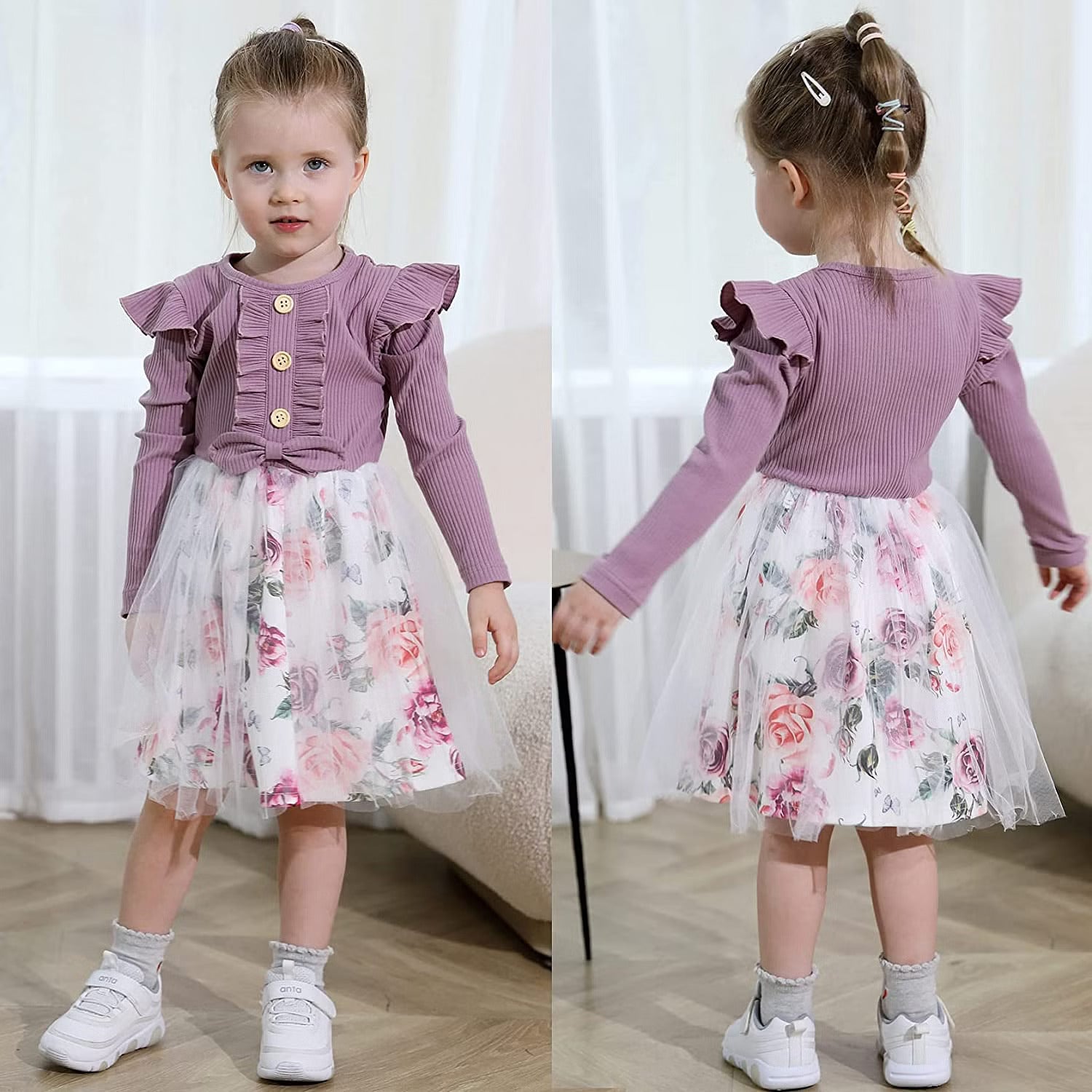 Elegant Baby Girl Dress with Floral Skirt & Bow