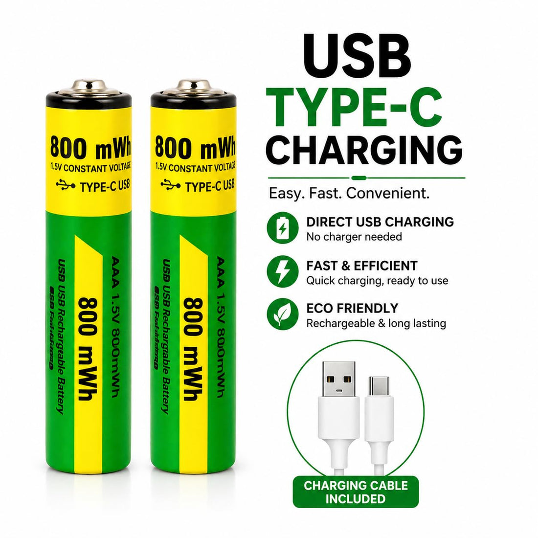 Type C Rechargeable Batteries 800 mWh 2 Pcs AAA & 2 Pcs AA Total ( 4 Pcs Set )