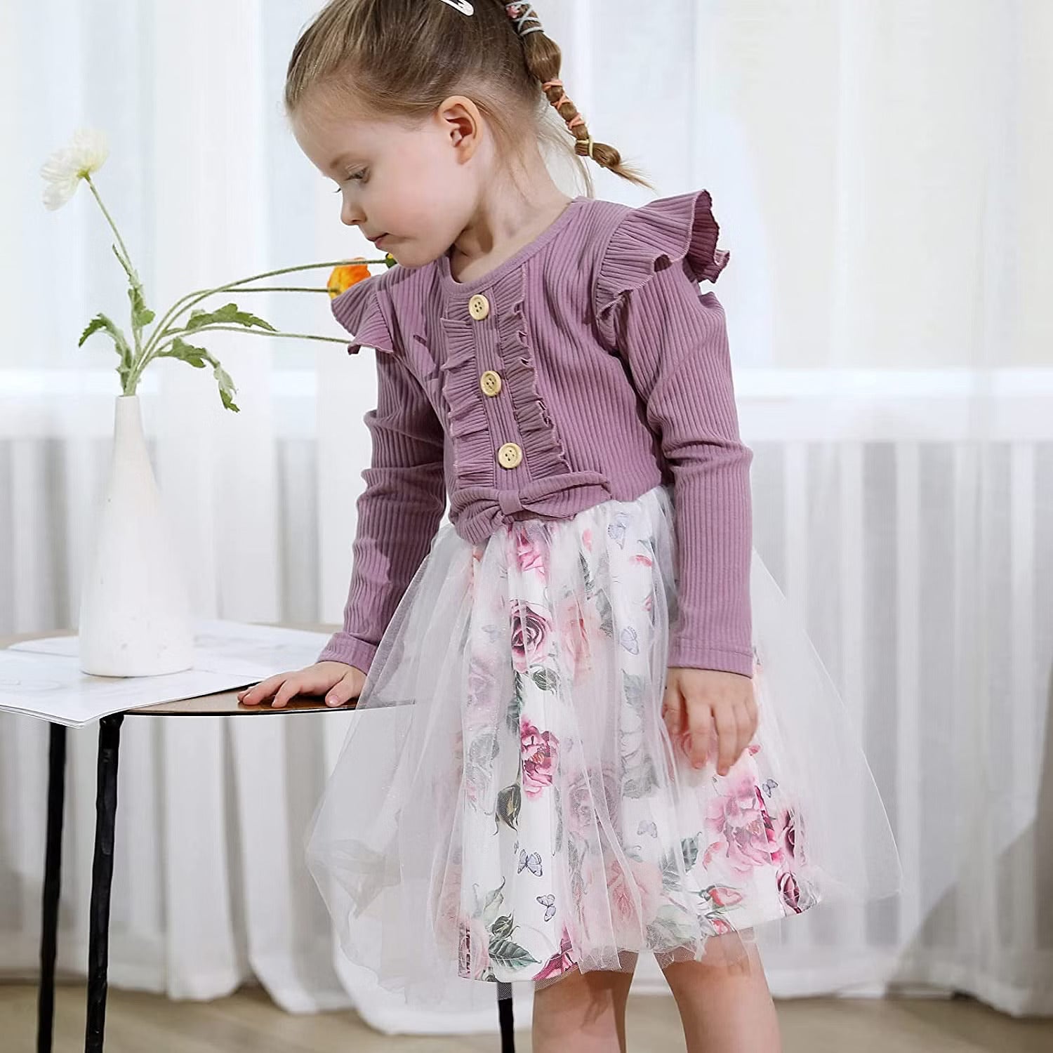 Elegant Baby Girl Dress with Floral Skirt & Bow
