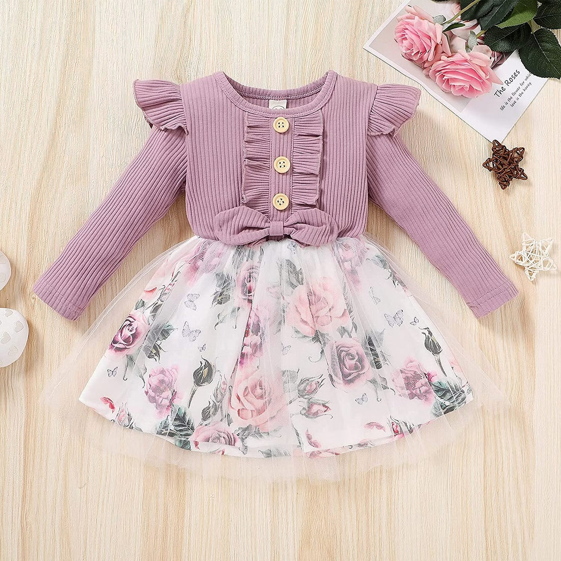 Elegant Baby Girl Dress with Floral Skirt & Bow
