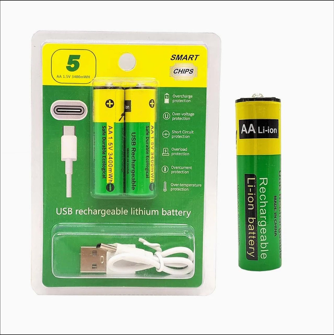 Type C Rechargeable Batteries 800 mWh 2 Pcs AAA & 2 Pcs AA Total ( 4 Pcs Set )