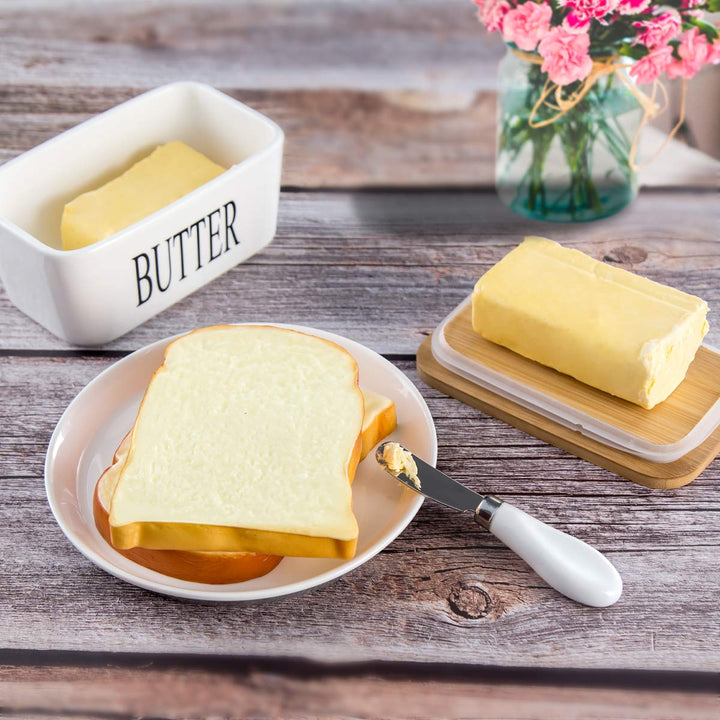 Premium Ceramic Butter Dish Container with Airtight Wooden Lid & Knife | Keep Butter Fresh & Soft Longer (Fridge & Counter Use)