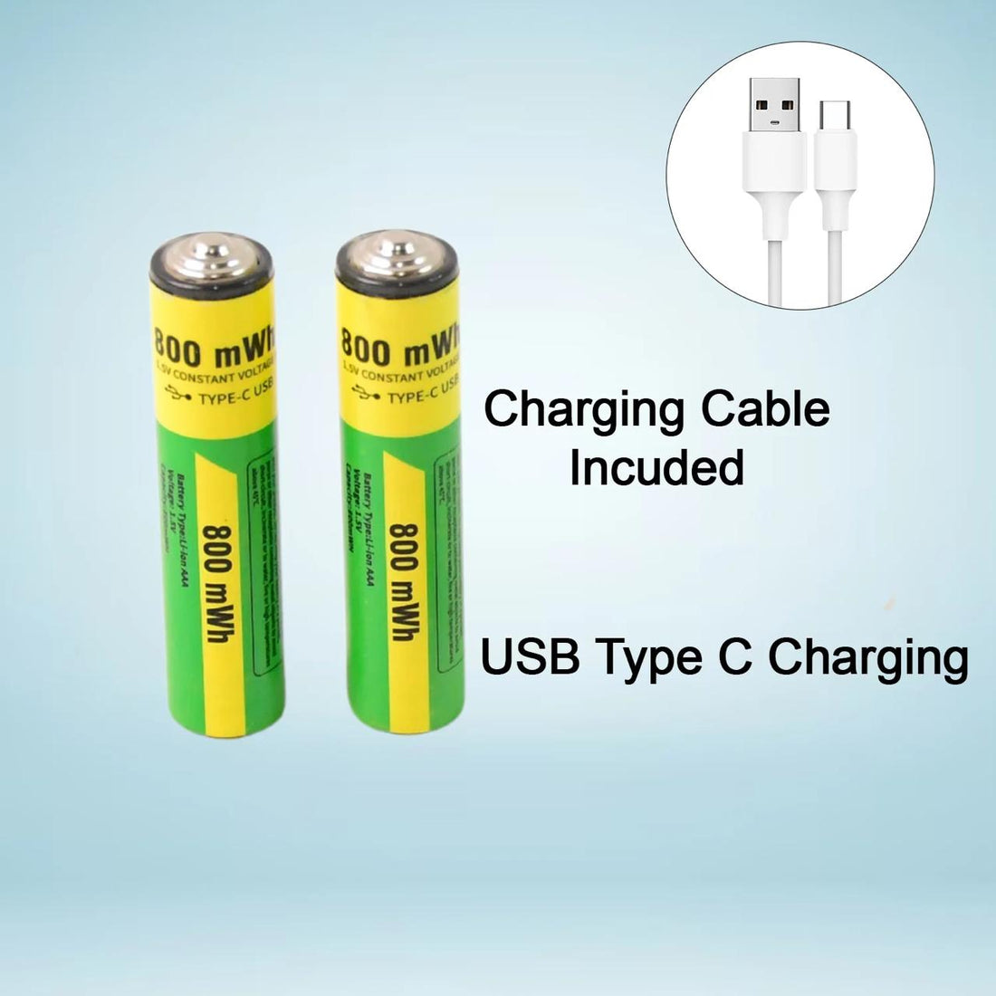 Type C Rechargeable Batteries 800 mWh 2 Pcs AAA & 2 Pcs AA Total ( 4 Pcs Set )