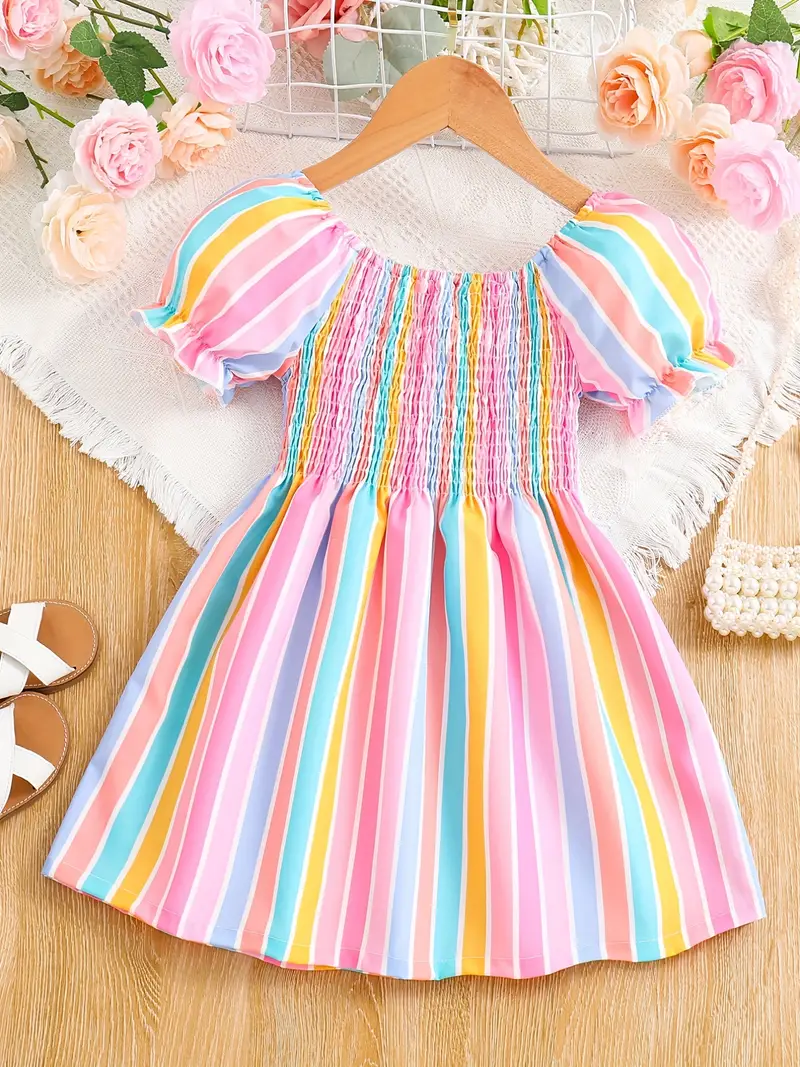 Adorable Baby Girl Striped Puff Sleeve Dress – Perfect for Any Occasion!