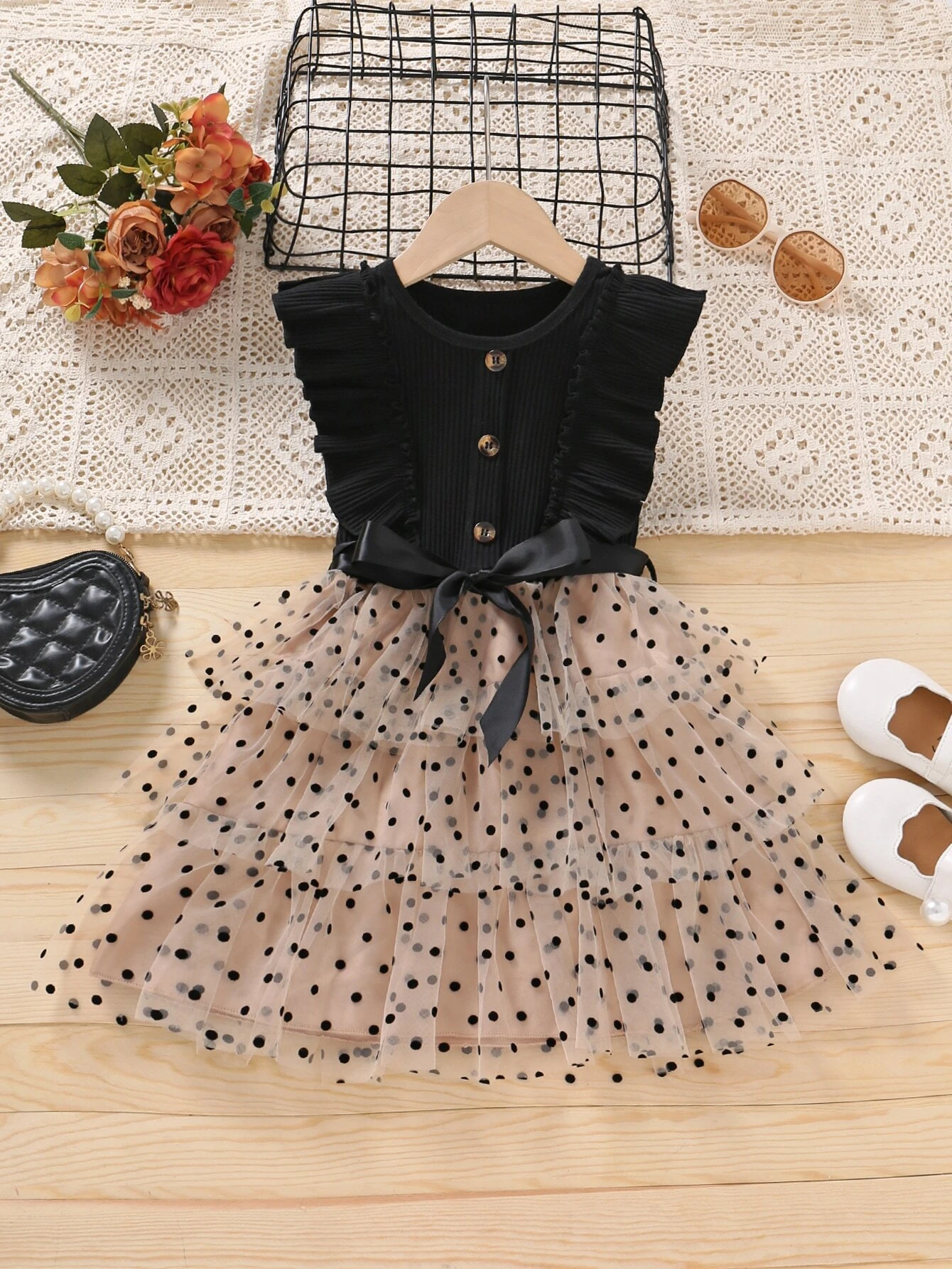 Elegant Black & Beige Polka Dot Baby Girl Dress – Stylish Party Wear