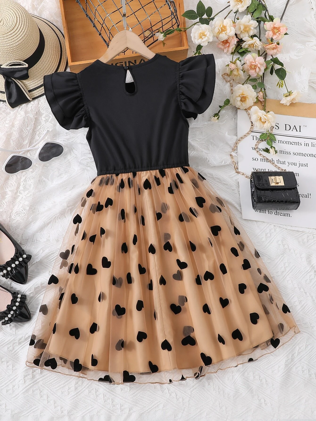 Adorable Baby Girl Dress – Maroon & Beige Heart Tulle Party Dress