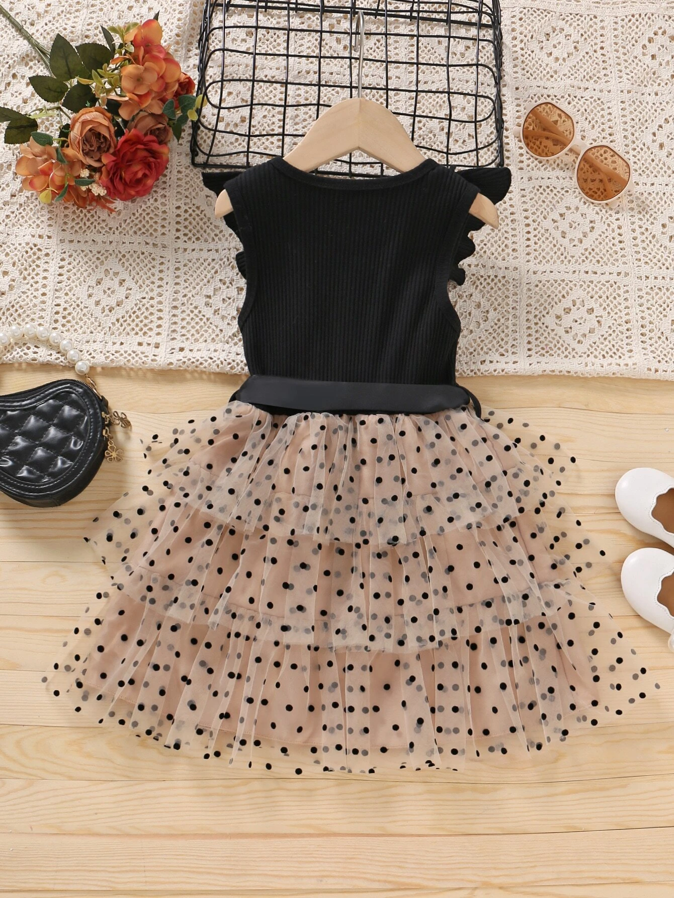 Elegant Black & Beige Polka Dot Baby Girl Dress – Stylish Party Wear