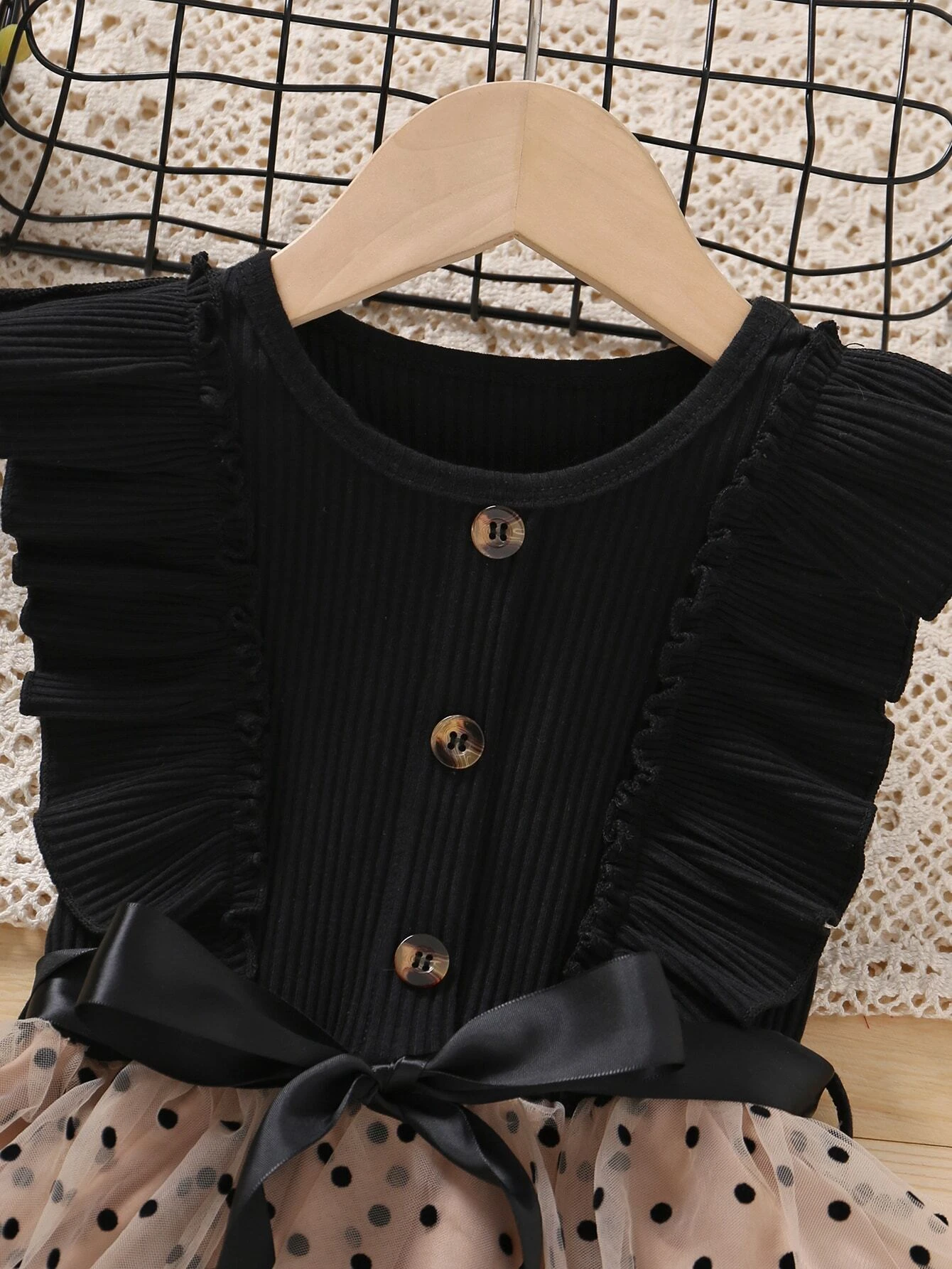 Elegant Black & Beige Polka Dot Baby Girl Dress – Stylish Party Wear