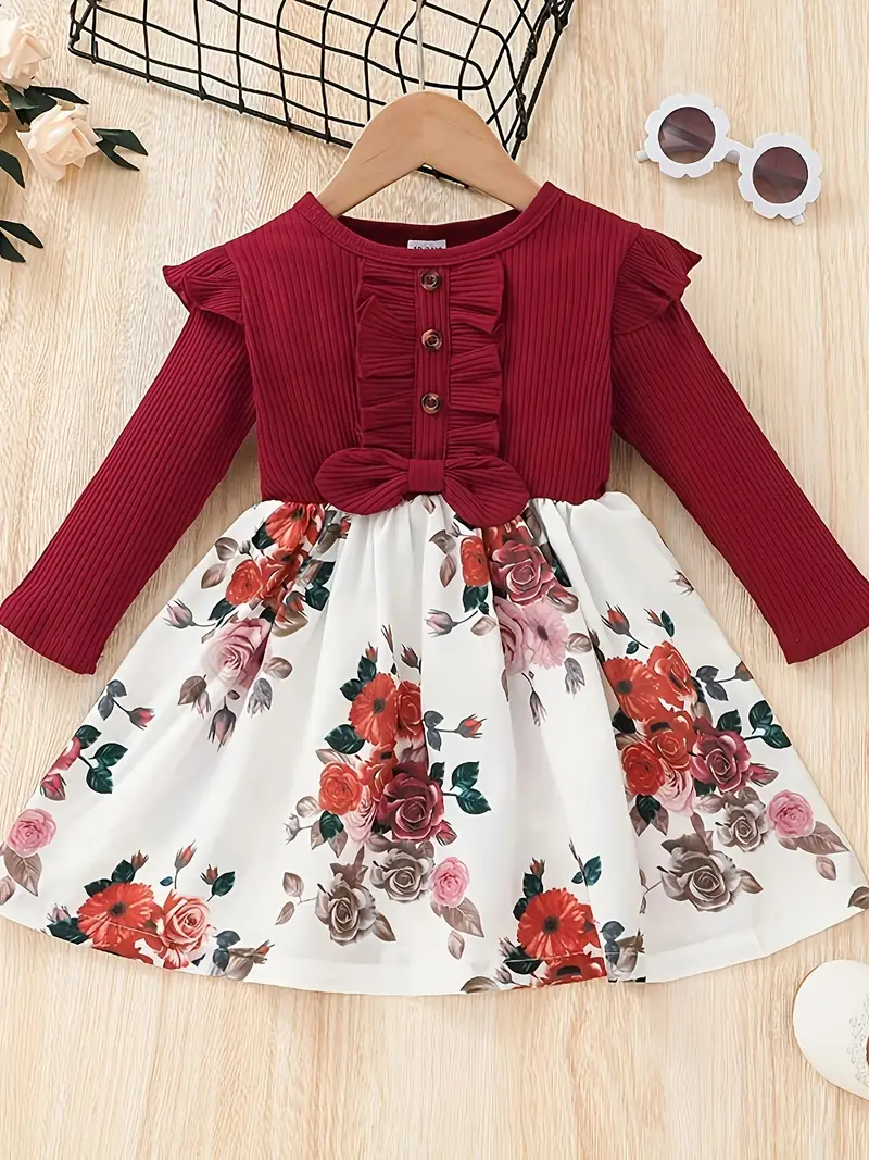Elegant Baby Girl Dress with Floral Skirt & Bow