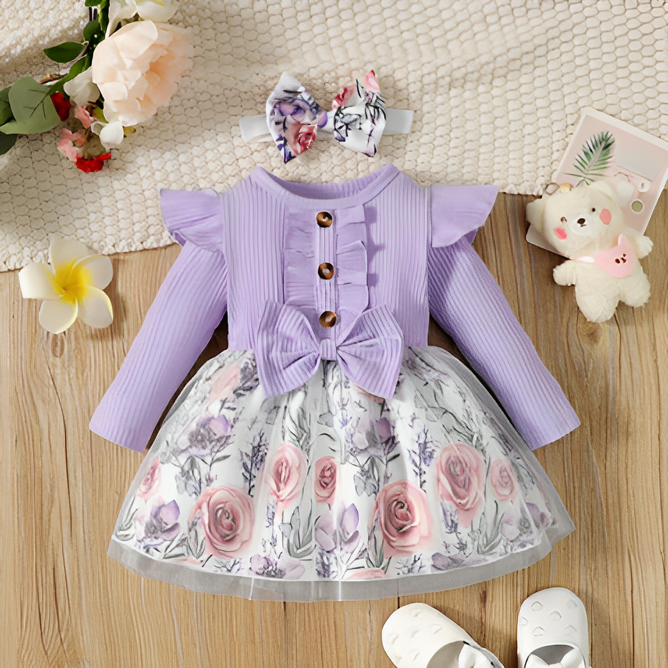 Elegant Baby Girl Dress with Floral Skirt & Bow