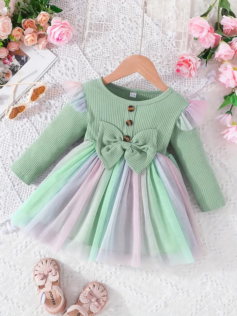 Elegant Pastel Princess Baby Girl Dress – Long Sleeve Ribbed Top with Tulle Skirt