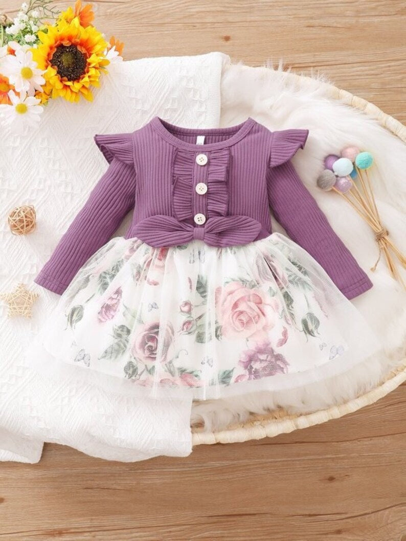 Elegant Baby Girl Dress with Floral Skirt & Bow