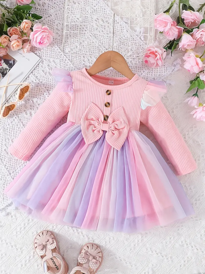 Elegant Pastel Princess Baby Girl Dress – Long Sleeve Ribbed Top with Tulle Skirt