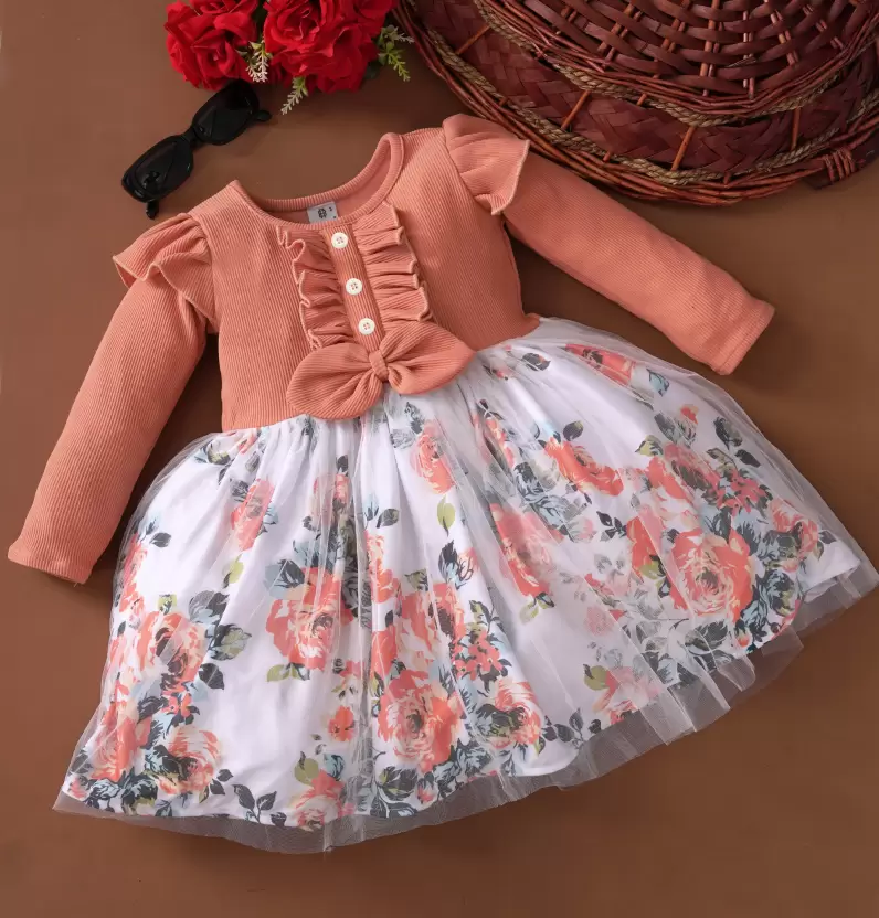 Elegant Baby Girl Dress with Floral Skirt & Bow