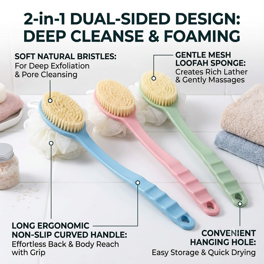 2-in-1 Long Handle Bath Brush & Loofah Back Scrubber