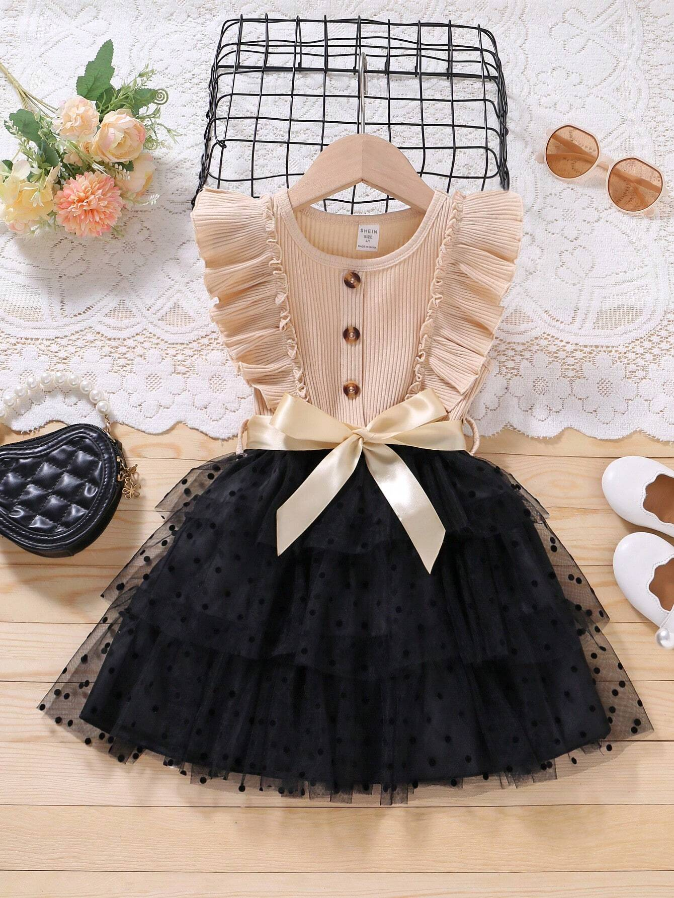 Elegant Black & Beige Polka Dot Baby Girl Dress – Stylish Party Wear