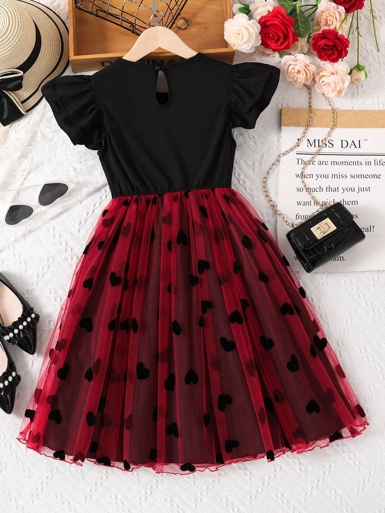 Adorable Baby Girl Dress – Maroon & Beige Heart Tulle Party Dress