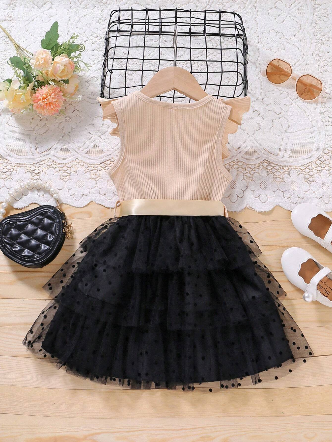 Elegant Black & Beige Polka Dot Baby Girl Dress – Stylish Party Wear