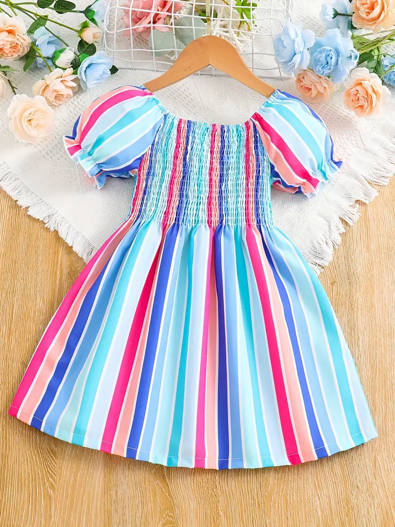 Adorable Baby Girl Striped Puff Sleeve Dress – Perfect for Any Occasion!