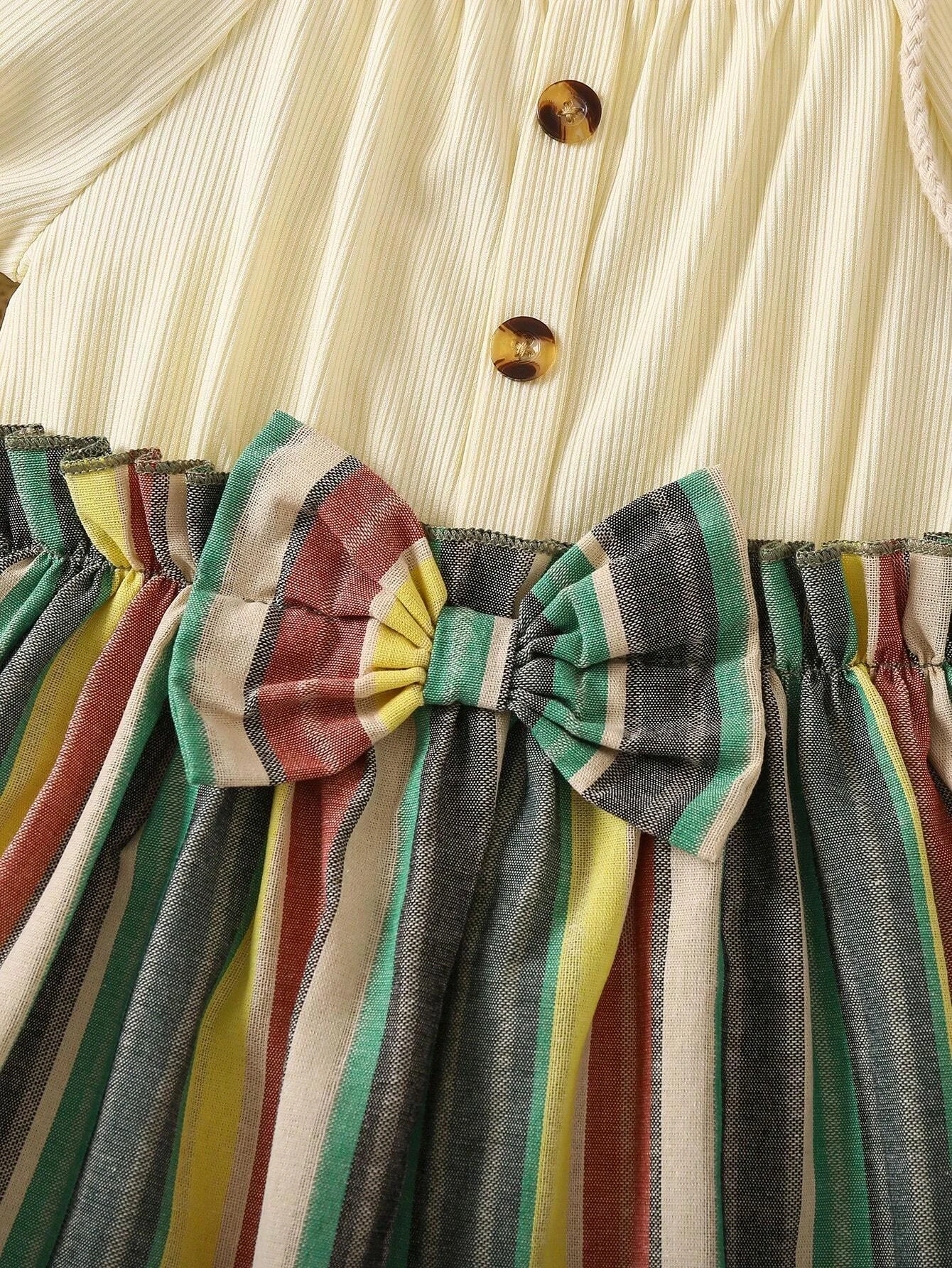 Adorable Baby Girl Puff Sleeve Dress with Striped Skirt and Bow