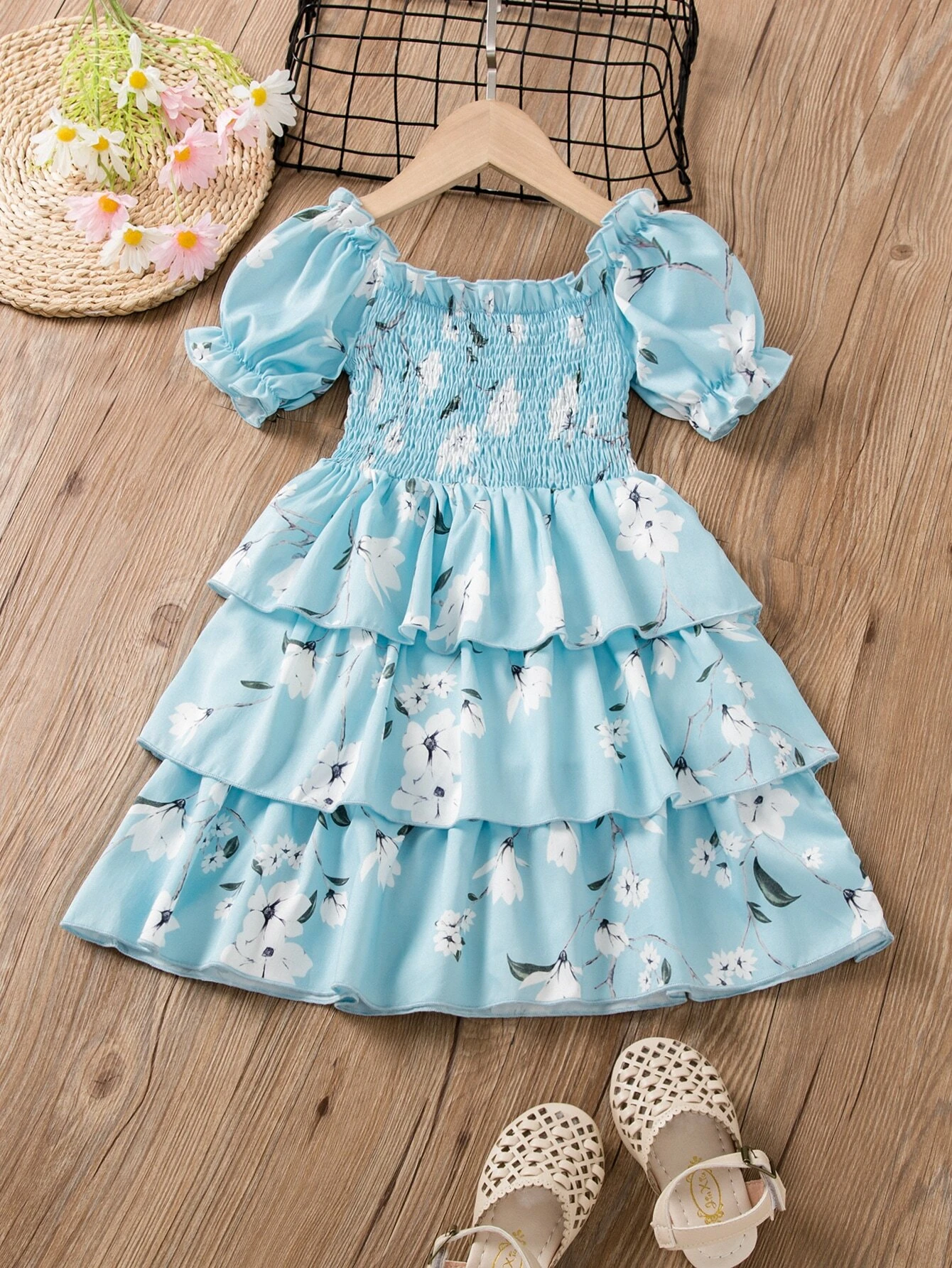Elegant Floral Baby Girl Dress with Ruffle Layers