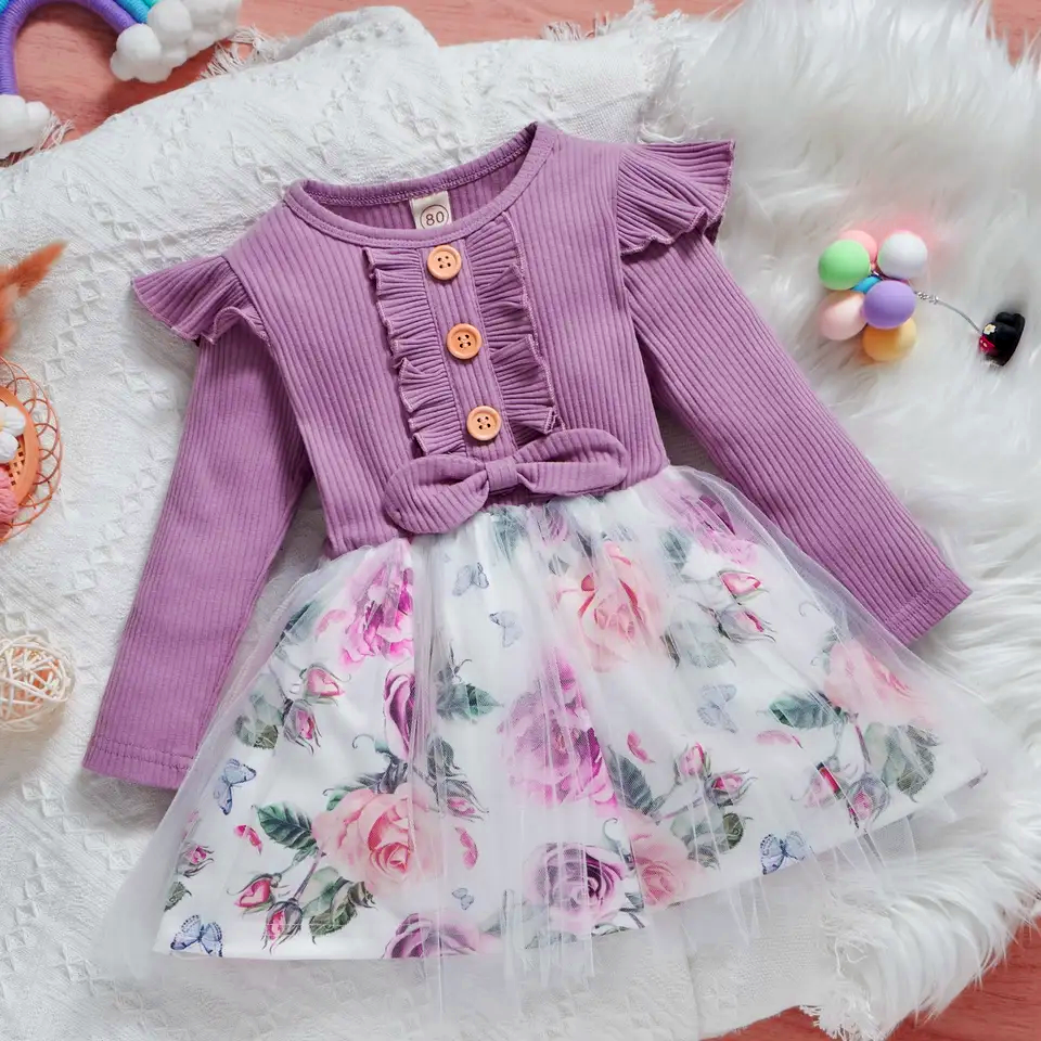 Elegant Baby Girl Dress with Floral Skirt & Bow