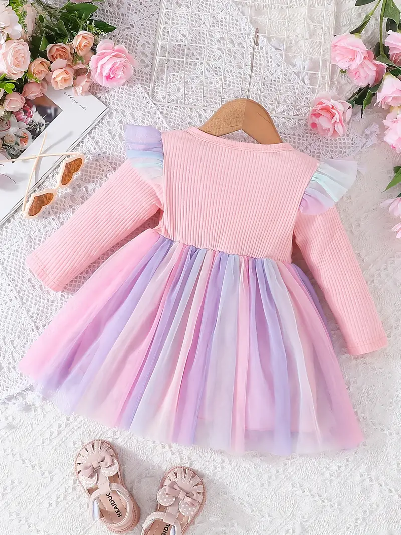 Elegant Pastel Princess Baby Girl Dress – Long Sleeve Ribbed Top with Tulle Skirt