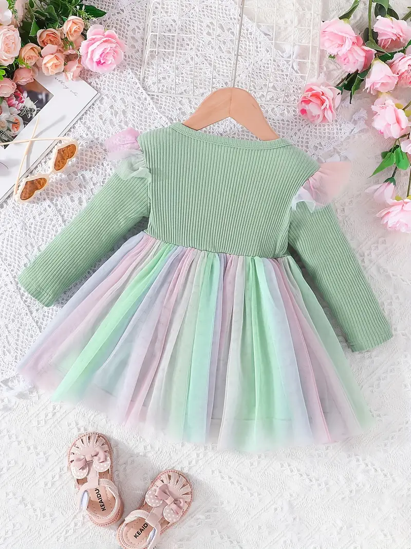 Elegant Pastel Princess Baby Girl Dress – Long Sleeve Ribbed Top with Tulle Skirt