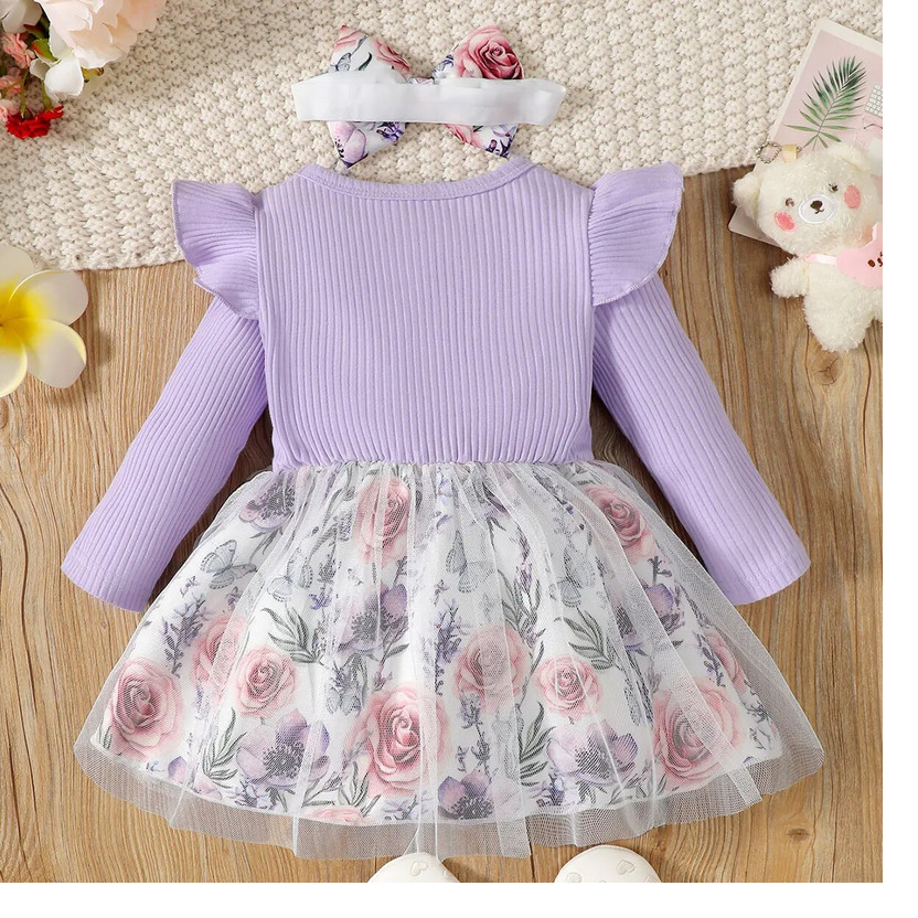Elegant Baby Girl Dress with Floral Skirt & Bow