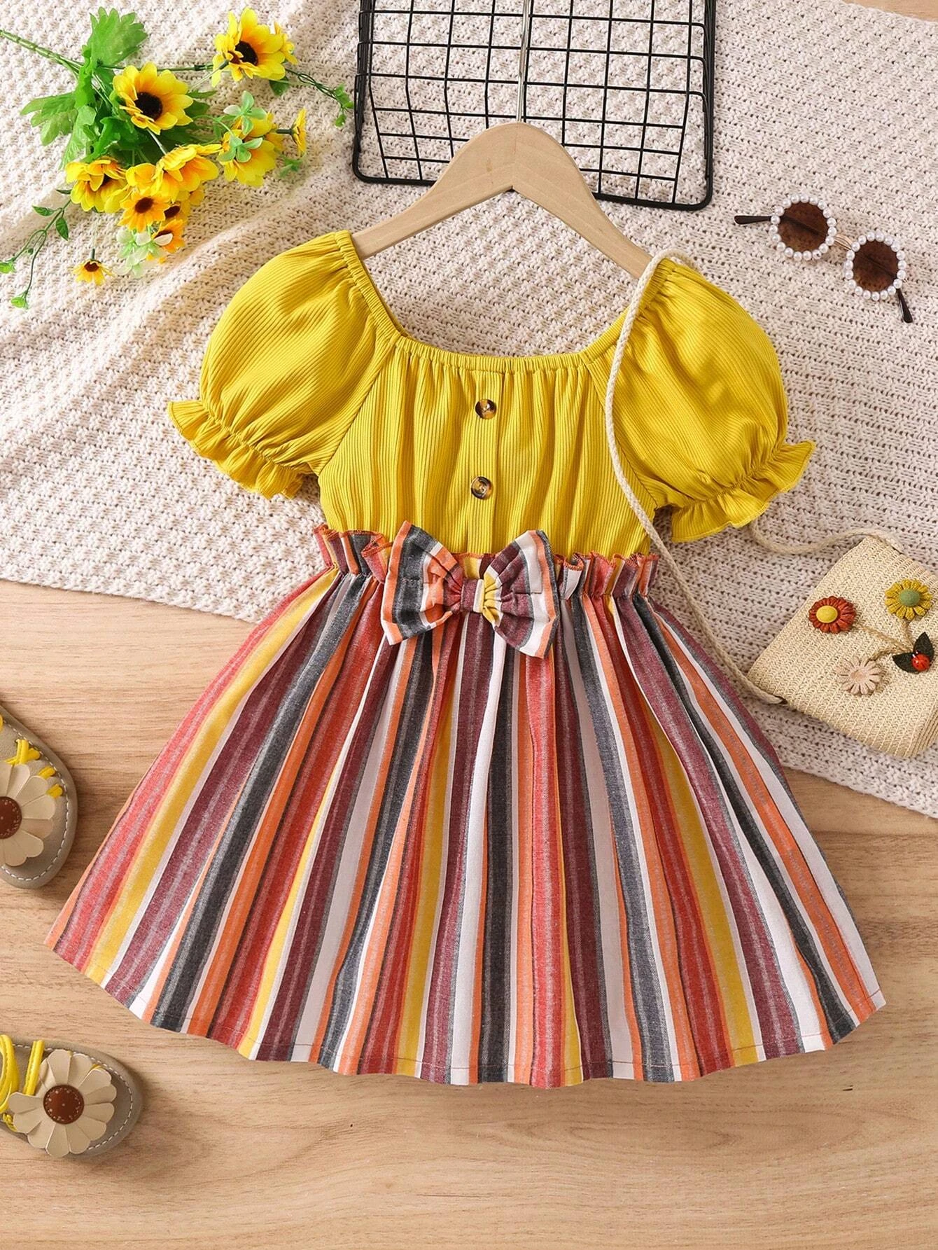 Adorable Baby Girl Puff Sleeve Dress with Striped Skirt and Bow