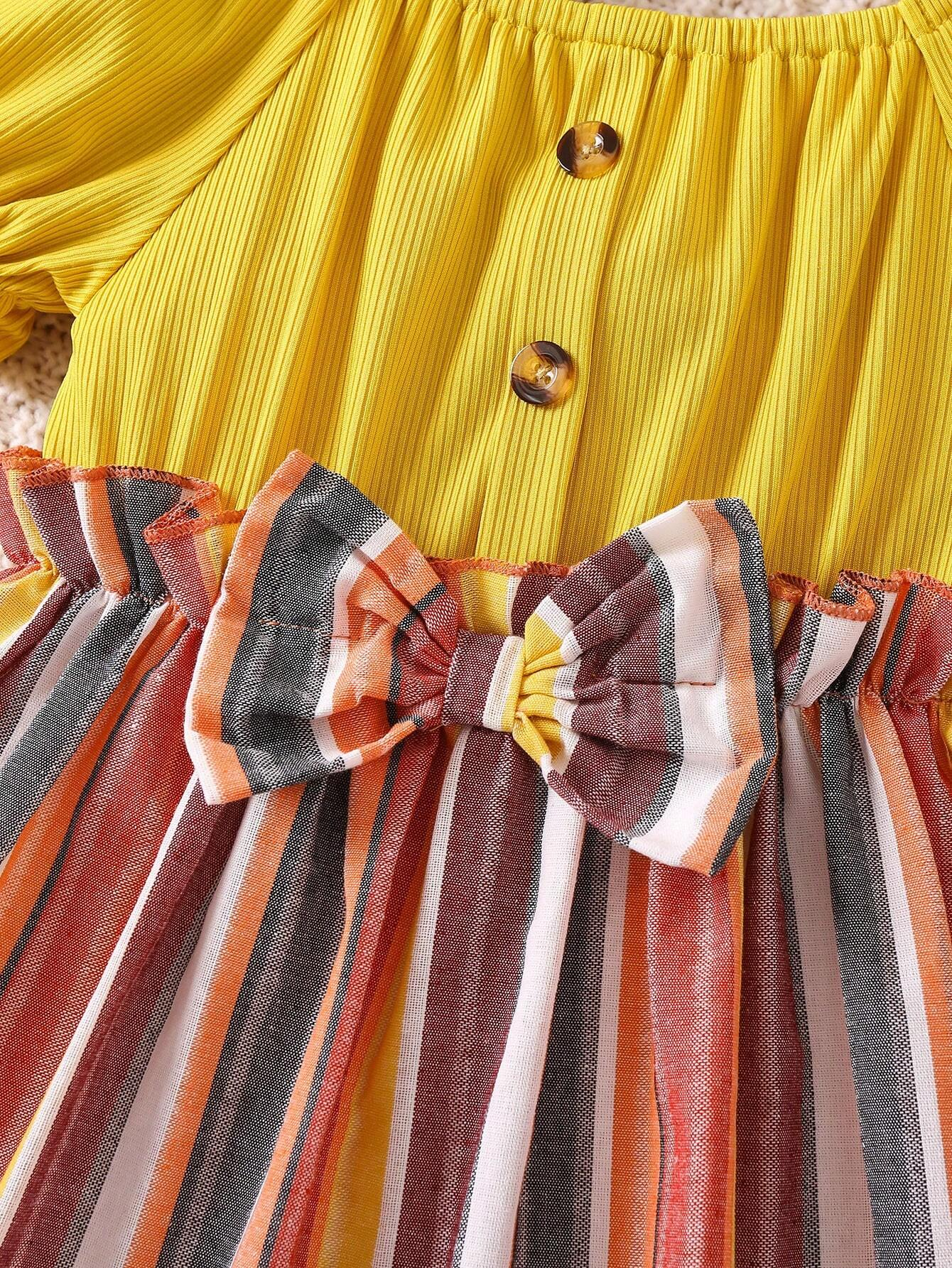 Adorable Baby Girl Puff Sleeve Dress with Striped Skirt and Bow