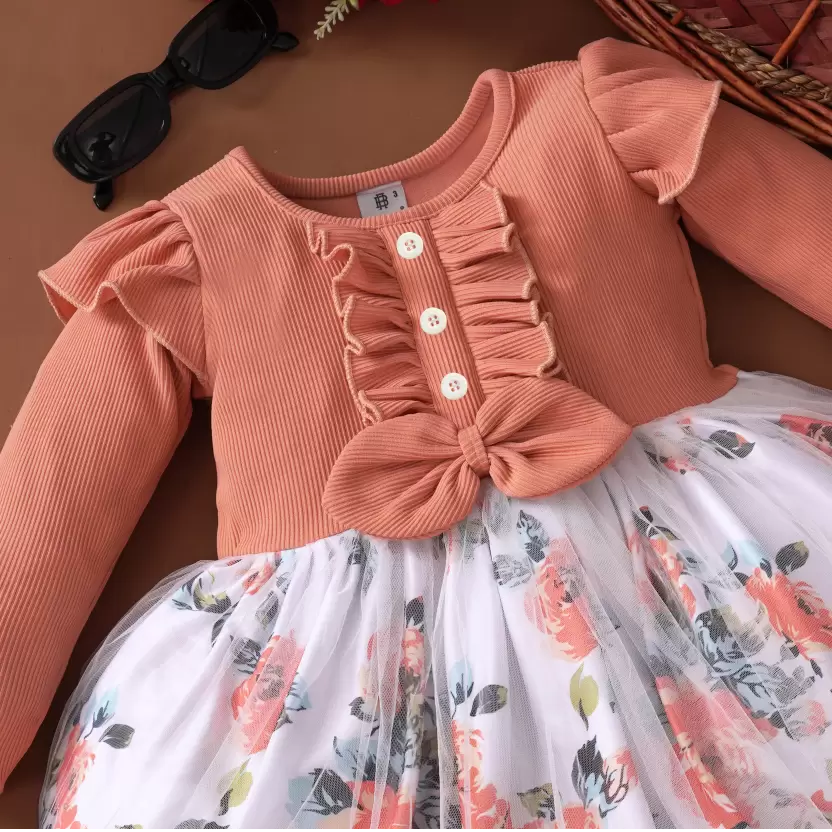 Elegant Baby Girl Dress with Floral Skirt & Bow