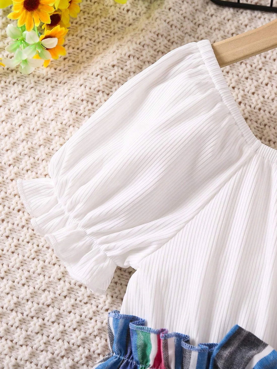 Adorable Baby Girl Puff Sleeve Dress with Striped Skirt and Bow