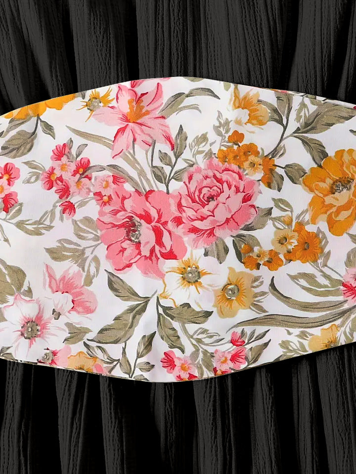 Elegant Vintage-Inspired Baby Girl Dress – Floral Waist Belt & Puff Sleeves