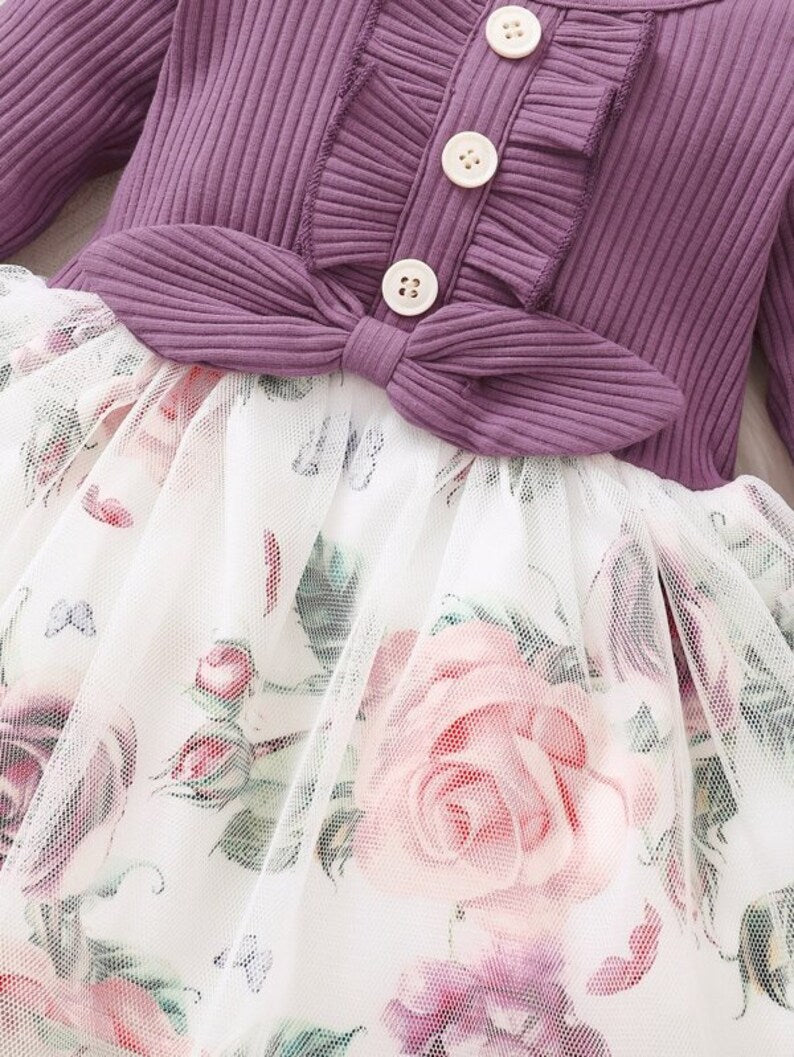 Elegant Baby Girl Dress with Floral Skirt & Bow