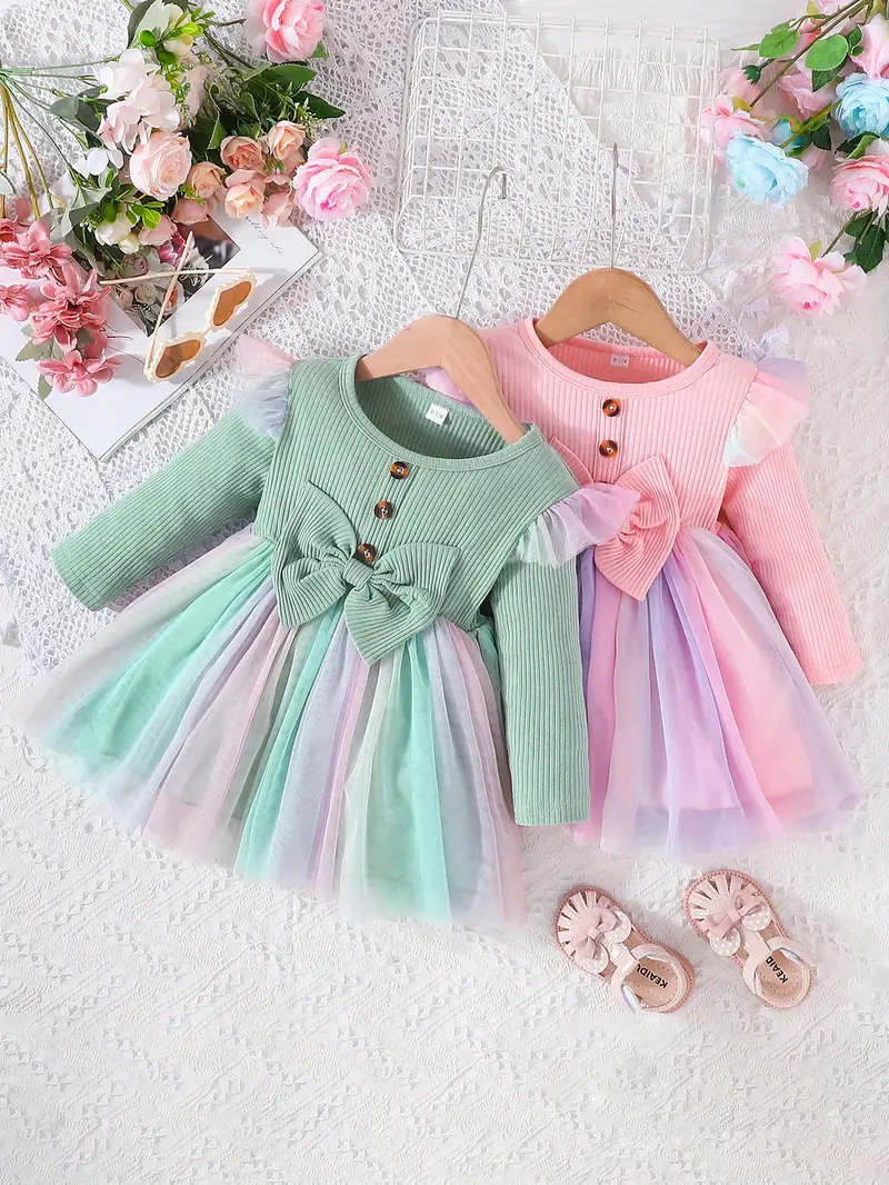 Elegant Pastel Princess Baby Girl Dress – Long Sleeve Ribbed Top with Tulle Skirt