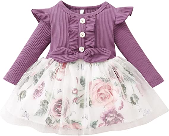 Elegant Baby Girl Dress with Floral Skirt & Bow