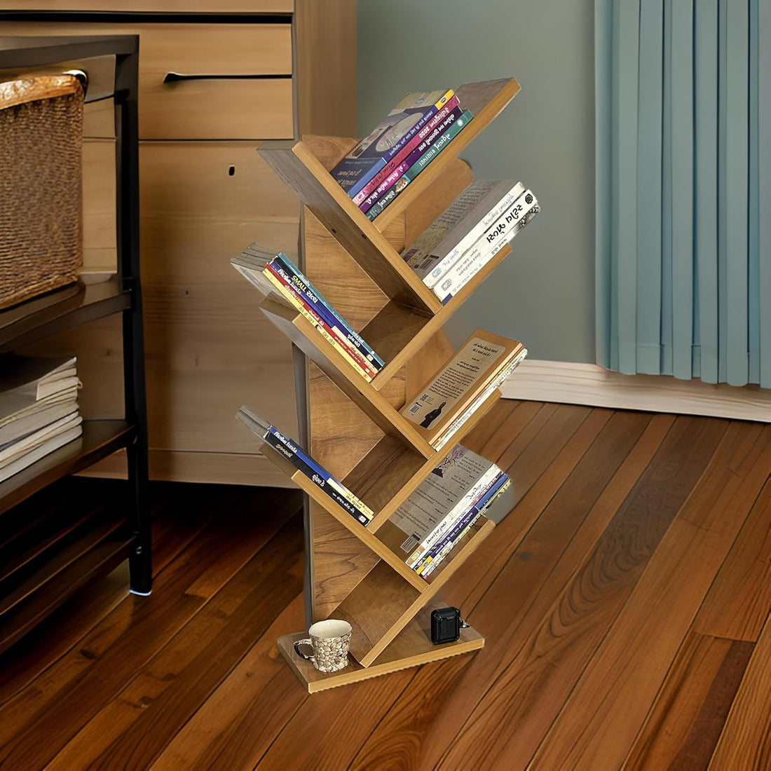 Wooden Tree Bookshelf – Freestanding Book Rack for Home & Office | 7-Tier V-Shaped Book Holder