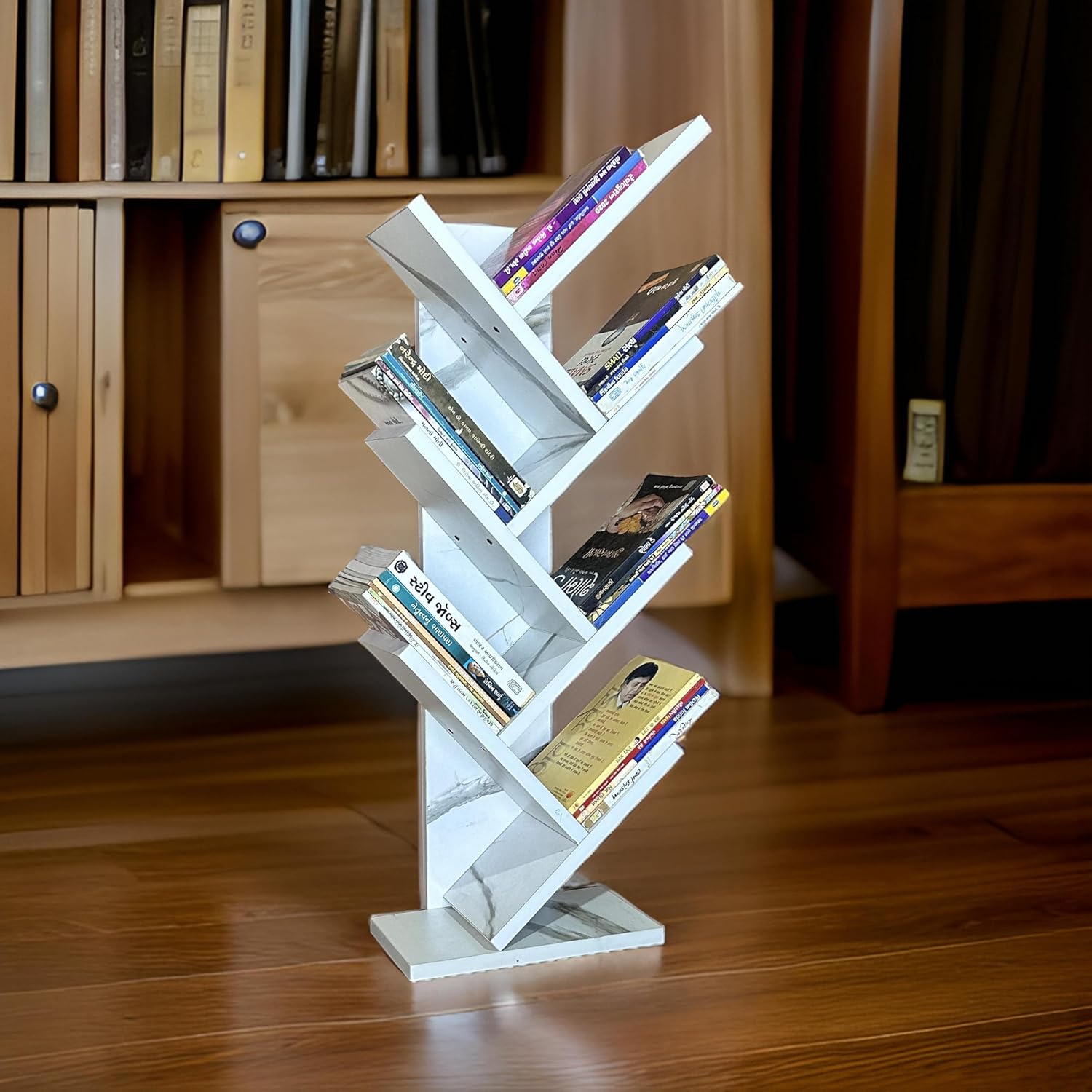 Wooden Tree Bookshelf – Freestanding Book Rack for Home & Office |  V-Shaped Book Holder