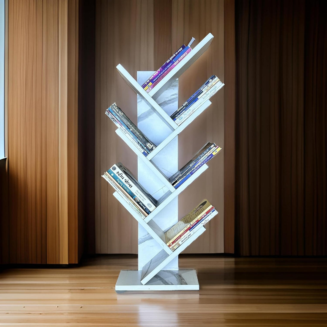 Wooden Tree Bookshelf – Freestanding Book Rack for Home & Office | 7-Tier V-Shaped Book Holder