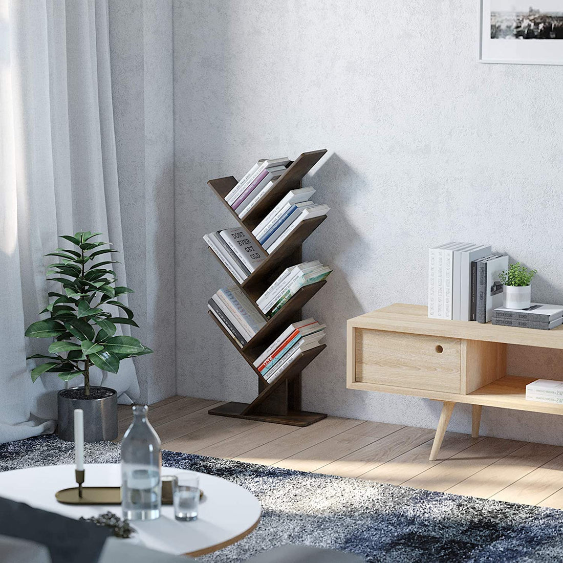 Wooden Tree Bookshelf – Freestanding Book Rack for Home & Office | 7-Tier V-Shaped Book Holder