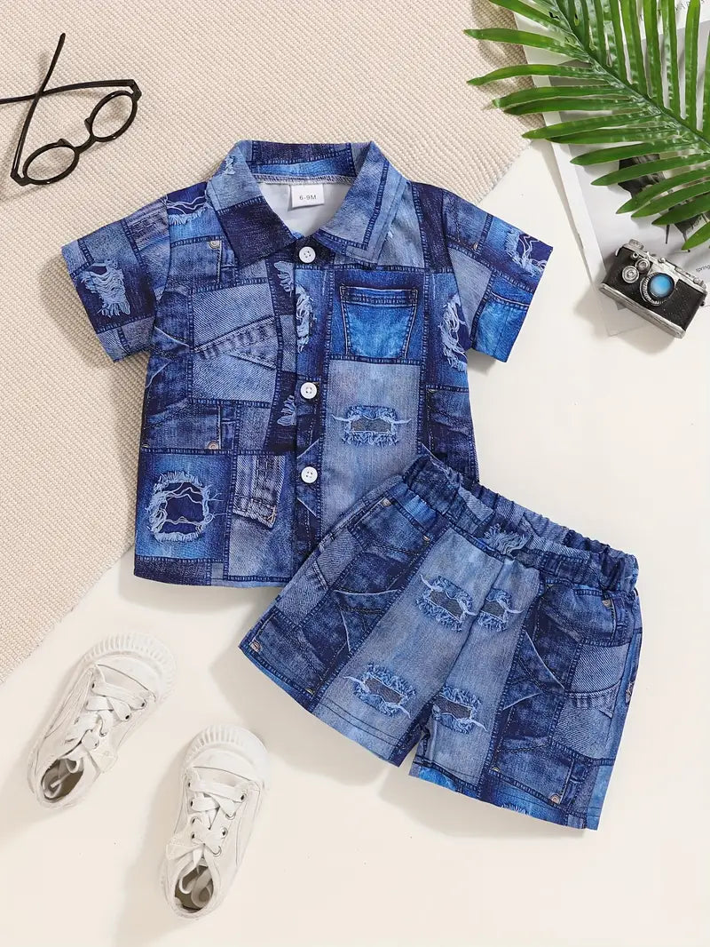 Boys' Fashion Set - Non-Denim Stylish Outfit with 3D Random Print, Perfect for Boys with Personality, Perfect for Outdoor