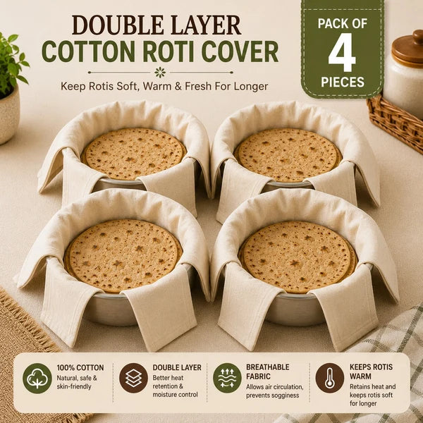 (Pack   Of   4)   Cotton   Double   Layer   Wrap   With   Flaps   For   Roti,   Chapati   &   Paratha