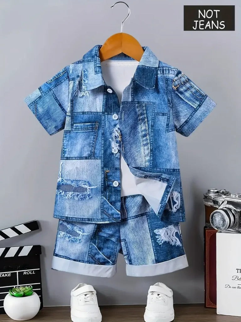 Boys' Fashion Set - Non-Denim Stylish Outfit with 3D Random Print, Perfect for Boys with Personality, Perfect for Outdoor