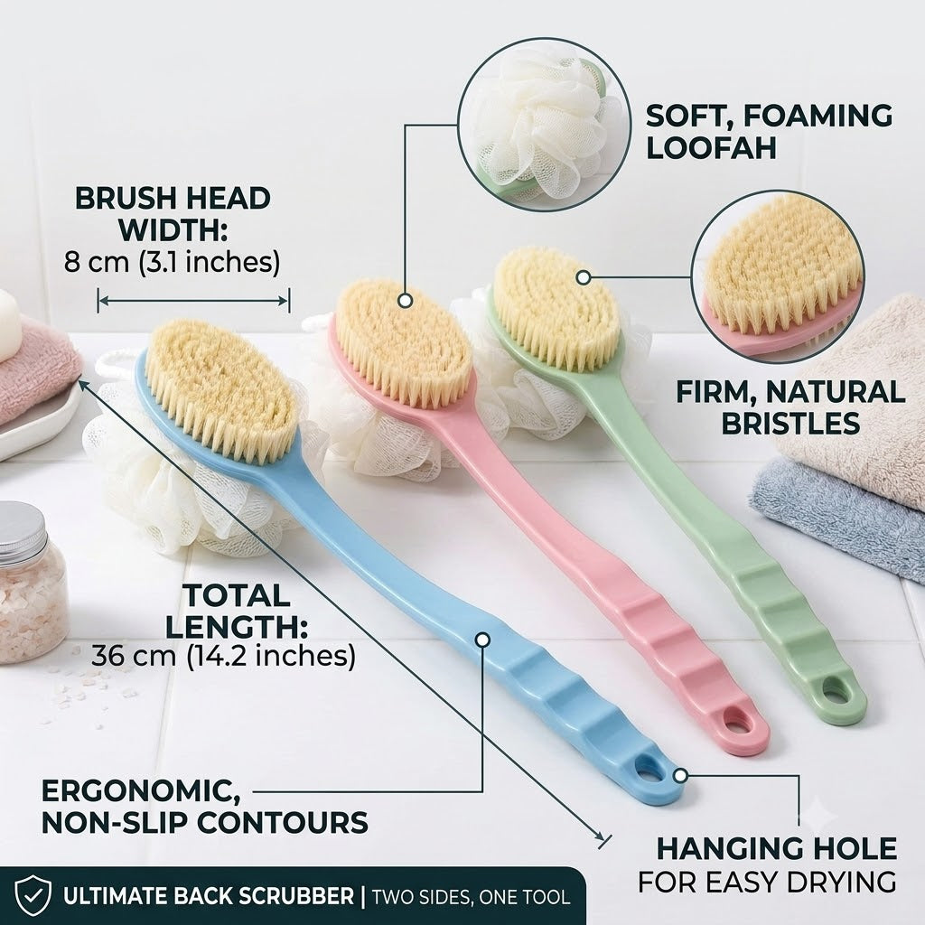 2-in-1 Long Handle Bath Brush & Loofah Back Scrubber