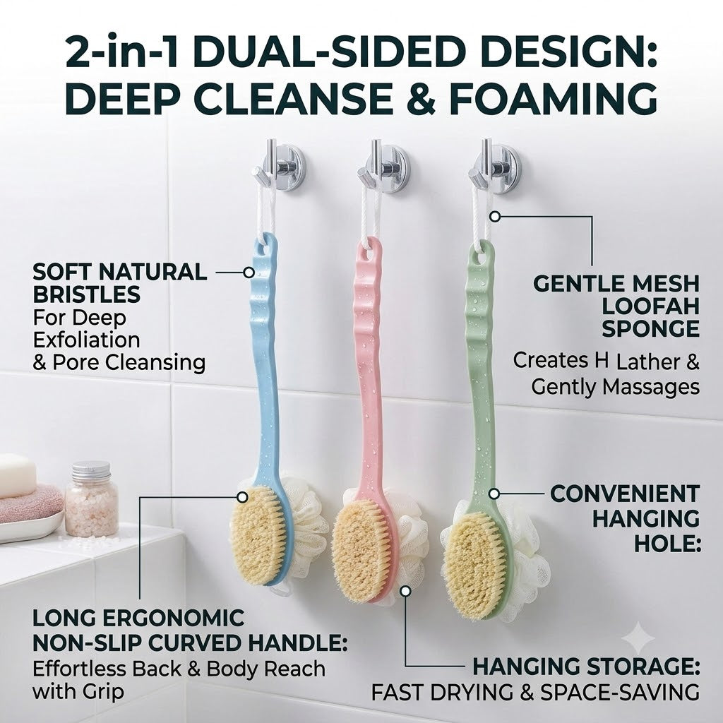 2-in-1 Long Handle Bath Brush & Loofah Back Scrubber